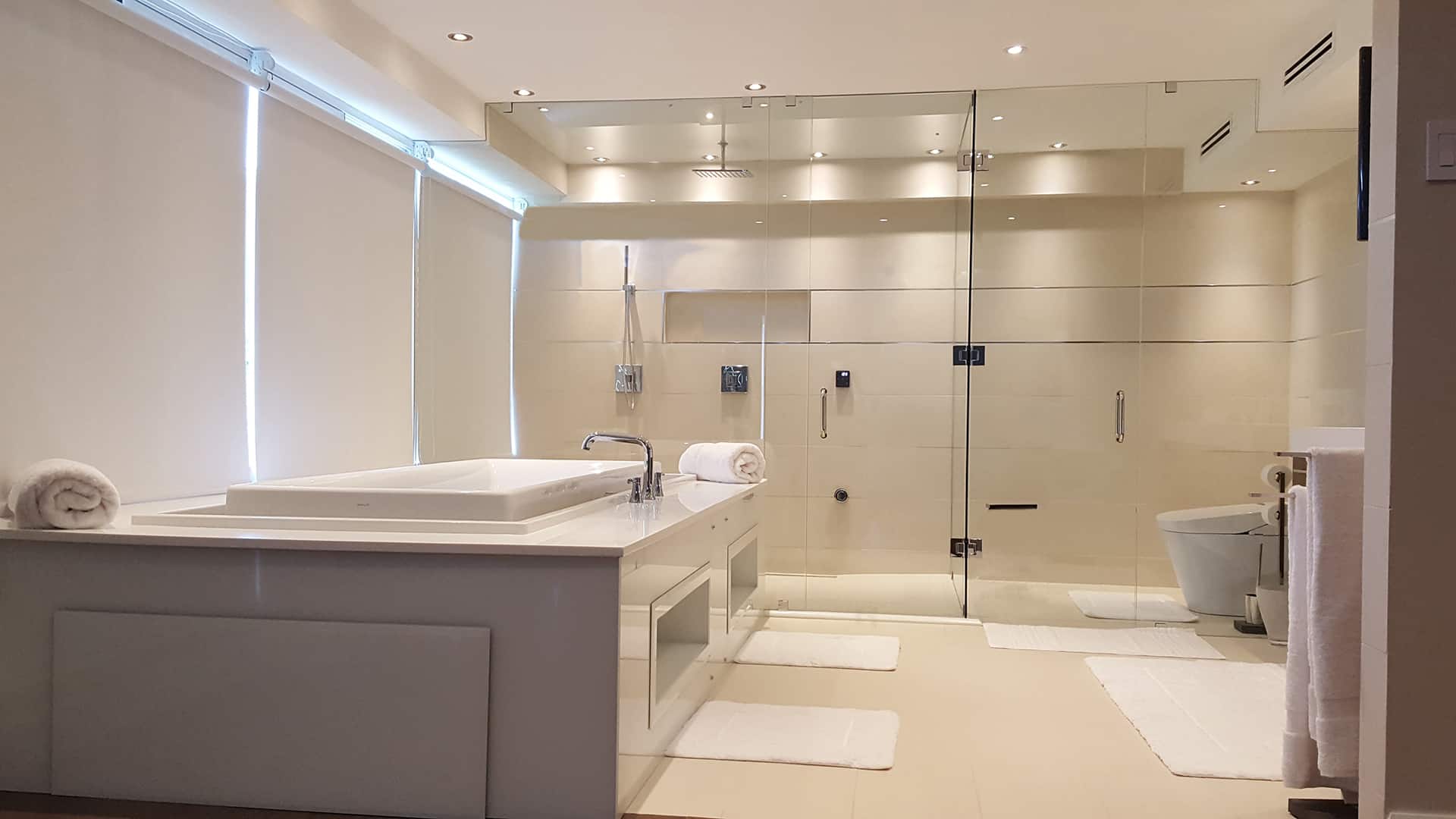 Glass shower door by Aldora, walk-in shower, soaker tub, ceramic tile, luxurious master bathroom, glass shower wall by Aldora