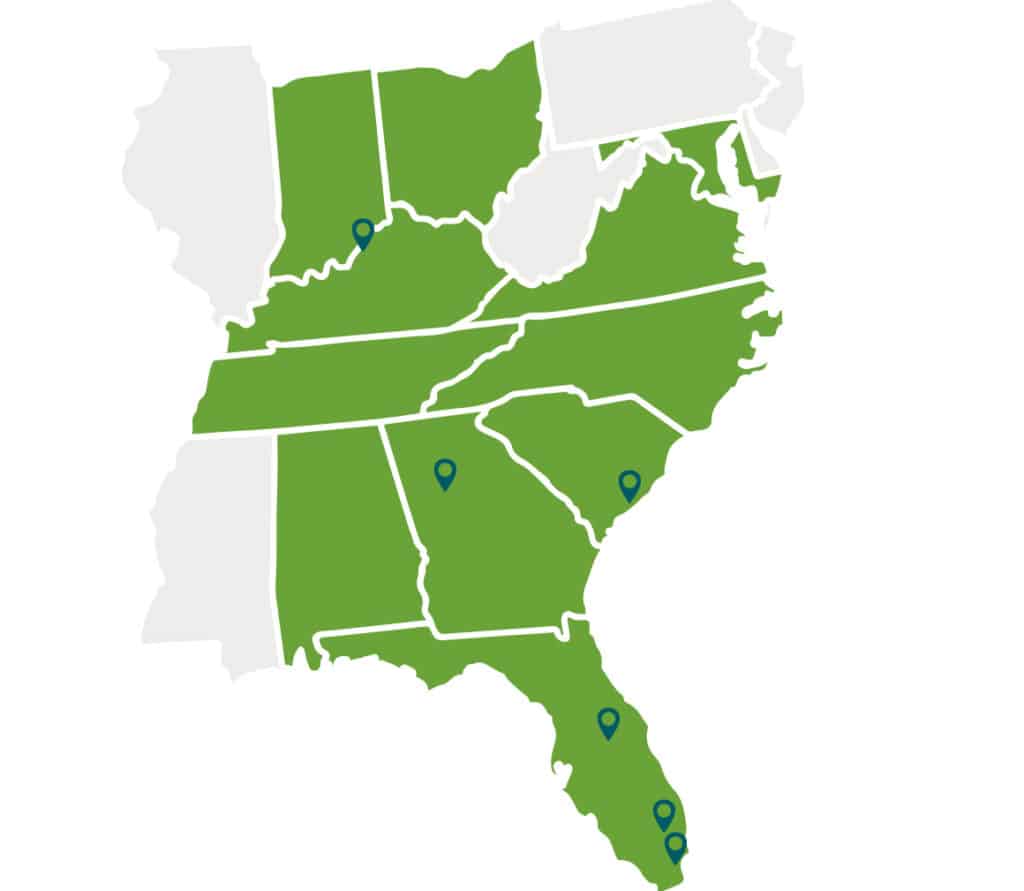 Map of eastern United States with Aldora service area highlighted in green
