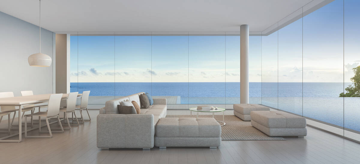 3D rendering of interior luxury beach home with FS-300 maximum view windows