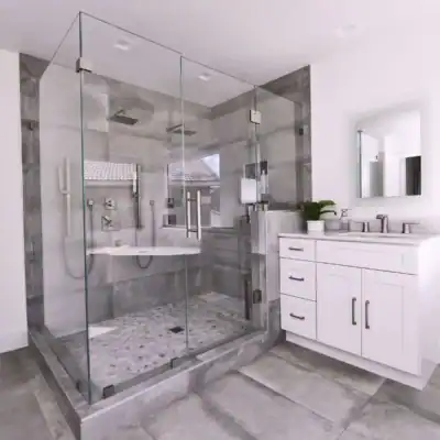 glass shower doors in grey and white bathroom